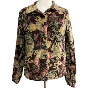 Caribbean Joe button down blouse faux velvet long sleeve paisley/floral Sz Small